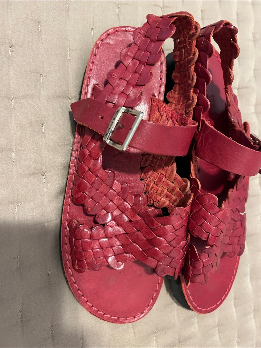 Braided Red Leather Women’s Sandals with Buckle Strap
